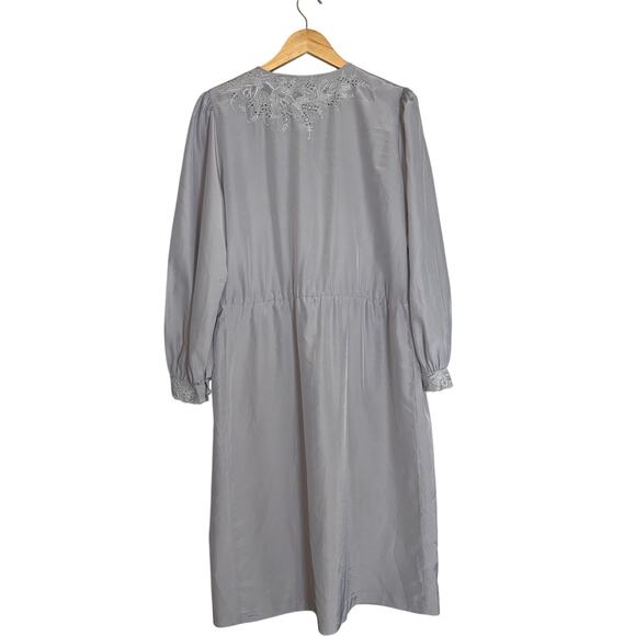 Vintage 80s Purple Silk Long Sleeve Dress Womens Large Retro Modest Cottage Midi - Picture 6 of 8